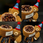 板栗花束绒布围边蛋糕装饰毛绒，生日帽棕色小熊可爱泰迪熊礼物装扮