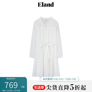 Eland衣恋连衣裙女纯棉灯笼袖娃娃裙摆时尚收腰短裙2024春季