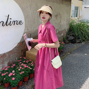 玫粉色褶皱衬衫裙女中长款2023夏季法式宽松气质设计感连衣裙