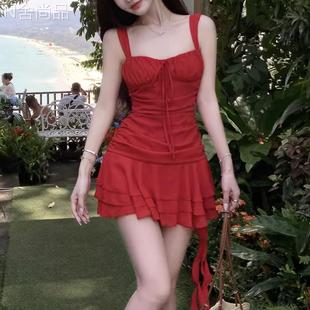 明媚夏日夏季显白不规则短裙海边度假小红裙连衣裙女