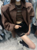 韩国2024复古垫肩bf慵懒风大版宽松衬衫外套，短款背心两件套装