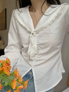 浪漫甜茶 原创设计学院风海军领衬衫女短款抽褶胸口长袖白色衬衣