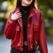 红色小皮衣女2023春秋设计感小个子，休闲上衣短款早秋西装外套