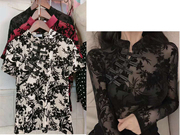 时尚短款旗袍上衣女，中国风蕾丝镂空盘扣，短袖性感洋气黑色网纱小衫