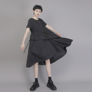 uump连衣裙女夏中长款黑色宽松显瘦小众设计感短袖，a字型连身裙