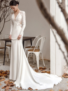 梵娜仙衣法式鱼尾婚纱2024新娘礼服，白色缎面长袖，出门纱高级感春夏