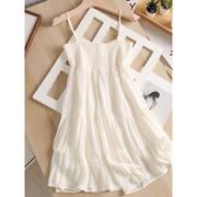 白色吊带连衣裙女夏季法式一字领小个子叠层荷叶边薄纱短裙子