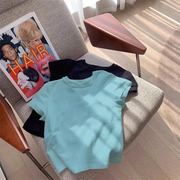 湖蓝色正肩短袖T恤女夏季多巴胺辣妹穿搭小个子纯棉短款体恤上衣