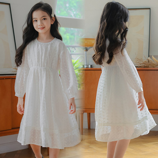 女童绣花白色连衣裙秋款韩版中大童小女孩长袖裙子洋气儿童公主裙