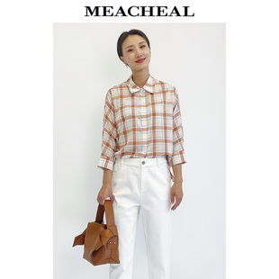 meacheal米茜尔夏季橘色，格纹时尚休闲蝙蝠袖精梳棉衬衫