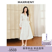 maxrieny精致复古感中长收腰散摆连衣裙，2024春季宫廷风裙子