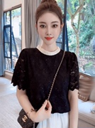 韩版洋气花边领短袖t恤女圆领时尚蕾丝衫夏季气质显瘦上衣潮