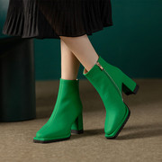 高跟绿色短靴女2022年秋单靴冬天加绒粗跟马丁靴防水台方头时装靴