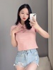 新中式上衣小清新粉色polo衫女短袖正肩t恤女短款v领修身显瘦夏季