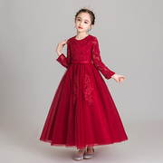 儿童礼服公主裙女童蓬蓬纱，红色长袖小女孩走秀花童婚礼钢琴演出服