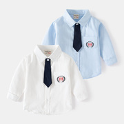 男童领带长袖衬衣韩版2024春装，刺绣中小儿童，宝宝洋气上衣衬衫