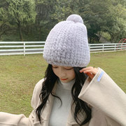 韩版女秋冬保暖弹力护耳加厚獭兔毛帽子毛球甜美可爱编织皮草帽