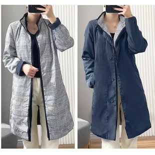韩国原单中长款棉服女12.2l77003碎格纯色，双面穿立领秋冬棉衣外套