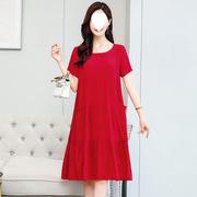 玫红色连衣裙妈妈，棉绸女夏装人造棉中长裙中年遮肚色裙子