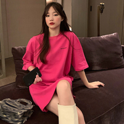 韩国夏泫雅风玫红色，百搭中长款大码宽松短袖，t恤女闺蜜装打底