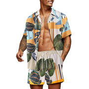 欧美夏威夷套装男士休闲宽松沙滩装印花短袖短裤两件套men's suit