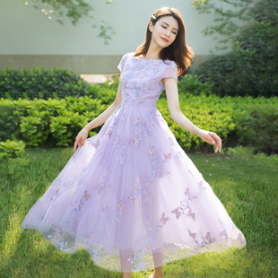 美妃2023春夏时尚气质长款网纱绣花沙滩裙淡紫色的连衣裙女装
