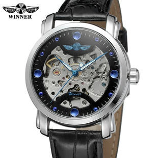 T-WINNER胜利者手表镂空蓝色水晶钻刻度自动机械手表皮带钢带腕表