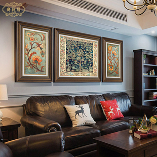 美式客厅装饰画沙发背景墙三联画欧式壁画轻奢复古风欧美挂画油画