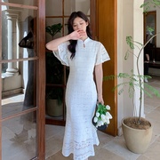 中国风新中式改良版复古旗袍蕾丝花边袖长款连衣裙X028 P110K158