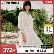 Vero Moda连衣裙2023秋冬甜美气质百搭V领蕾丝七分袖灯笼袖
