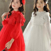 高档女童公主红裙儿童夏季色，连衣裙中大童小裙，女孩白色服六一