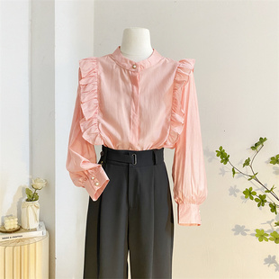 粉色立领荷叶边长袖衬衫女秋季设计感减龄宽松洋气灯笼袖小衫上衣