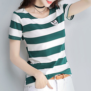 条纹t恤女短袖丅修身百搭上衣服夏季2024韩版学生纯棉体桖衫