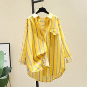 中长款黄色条纹衬衫女2024年夏季蝙蝠袖衬衣，设计感上衣春秋款