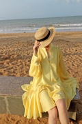 HYY设计感小众黄色条纹醋酸立领连衣裙短裙宽松A字裙荷叶边泡泡袖