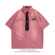 HTTAOSUP美式复古潮牌水洗设计感短袖衬衫男女粉色学院风磨白领带