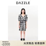 DAZZLE地素奥莱格纹短袖连衣裙春夏装法式复古格纹格子短裙女