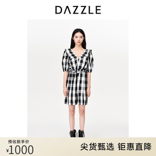 dazzle地素奥莱格纹短袖连衣裙，春夏装法式复古格纹格子短裙女