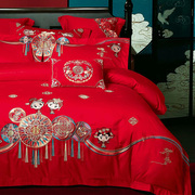 凤凰家纺贡缎刺绣，纯棉婚庆新婚全棉床上用品，四件套大红色系结婚
