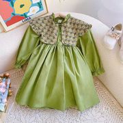 小女孩儿童宝宝春秋季装复古田园风娃娃大翻领绿色长袖棉布连衣裙