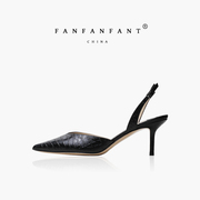 fanfanfant高级鳄鱼纹，牛皮细高跟6.5cm一字带，凉鞋黑色工作鞋