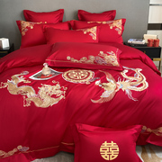 高档龙凤刺绣全棉结婚四件套，大红色床单被套，纯棉婚庆喜被床上用品