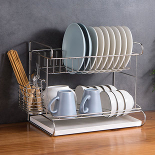 大号304不锈钢碗盘架沥水架 双层碗碟收纳架滴水盘架厨房台面碗架