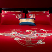 中式刺绣结婚床上四件套红色喜被120支全棉被套婚庆床单床上用品