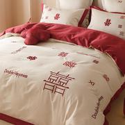 新中式婚嫁床上四件套全棉，60支喜字刺绣，红色结婚庆被套床单床笠