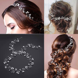欧美新娘婚礼盘发串珠，造型软链手工水晶珍珠，发带头饰配饰发带