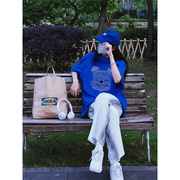正肩女t恤2024夏季女装设计感宝蓝色上衣小个子半袖纯棉短袖