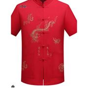 中老年男士中国风中式太极唐装红色衬衫居士喝茶民族服短袖爷爷装