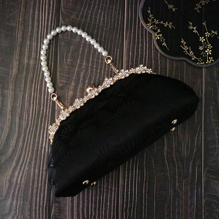 原创设计黑色织锦缎手拿包珍珠手拎包，搭旗袍的包复古(包复古)时尚精致小包