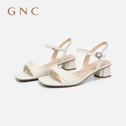 GNC羊皮一字带凉鞋女2024夏中粗跟简约气质百搭白色甜美凉鞋